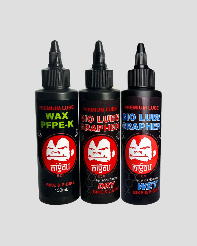 Kit de 3 botes de lubricante para cadena de bici, incluye cera, lubricante bio para seco y lubricante bio para humedo.