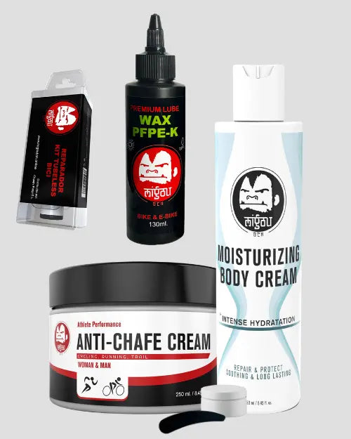Pack de cremas antifriccion corporales y productos de mantenimiento para la mtb para asistir a la titan desert