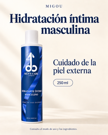 Hidratante íntimo masculino MEN’S CARE de MIGOU BCN, 250 ml, presentado sobre fondo crema para el cuidado de la piel externa.