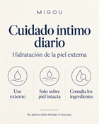 Guía de cuidado íntimo diario MIGOU: hidratación de la piel externa intacta, consulta de ingredientes y advertencia de no aplicar sobre heridas ni mucosas.