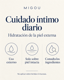 Guía de cuidado íntimo diario MIGOU: hidratación de la piel externa intacta, consulta de ingredientes y advertencia de no aplicar sobre heridas ni mucosas.