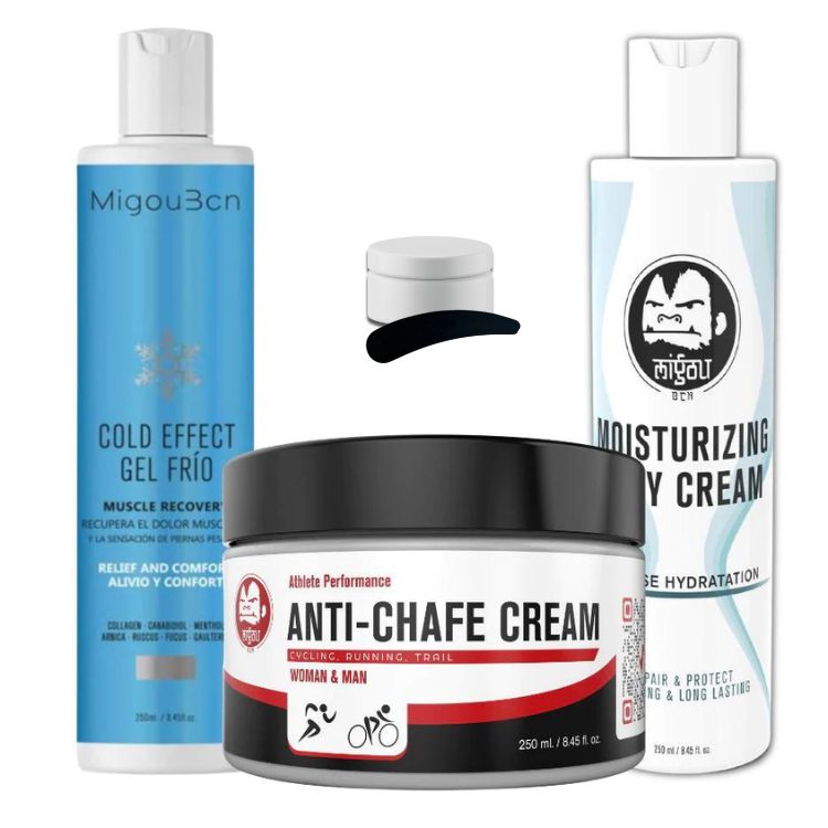 Pack Creme Sportive - Antisfregamenti 250ml (crema antisfregamento 10ml in regalo) +Gel freddo 250ml + Crema Idratante Rigenerante 250ml