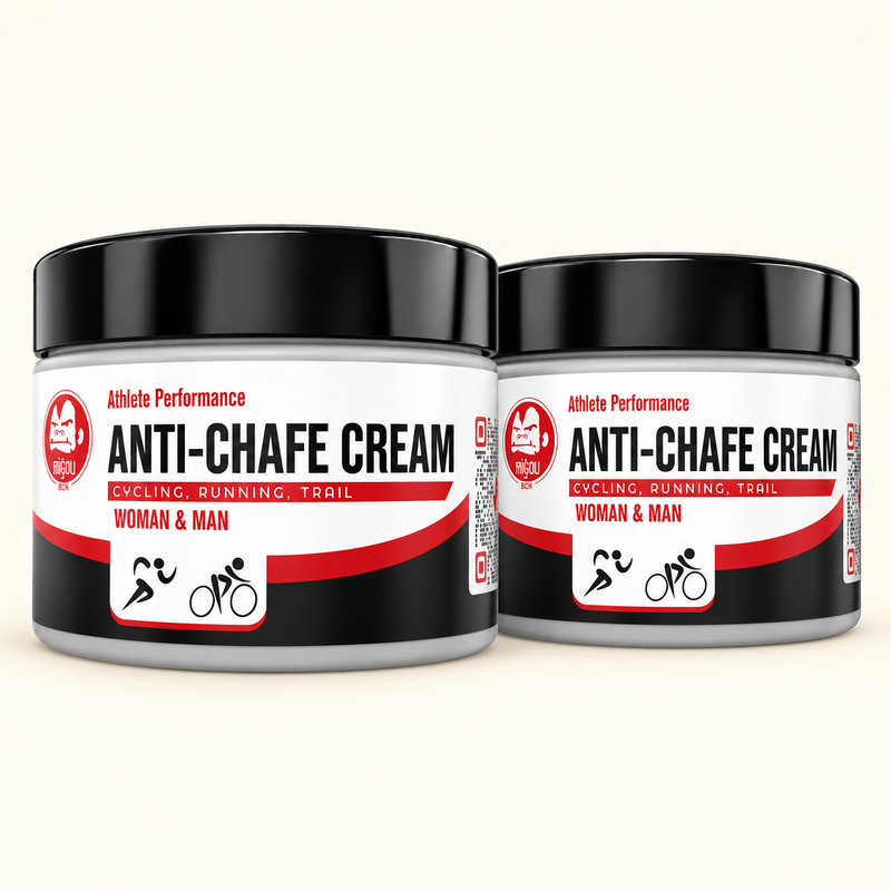 Pack de dos cremas antirozaduras deportivas MIGOU BCN de 250 ml con tapa negra para ciclismo, running y trail